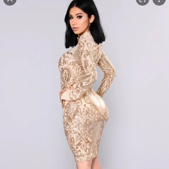 slim fit dress slacks Champagne Supernova Mesh Spandex Gold Fringed Dress – HARMONIA NY main image 1